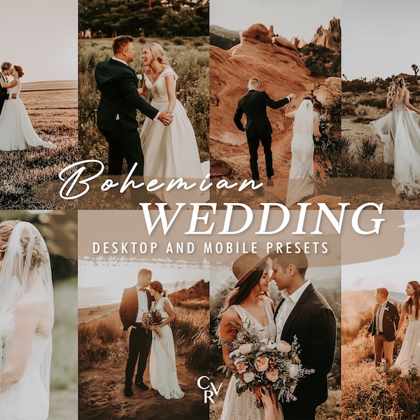 10 ajustes preestablecidos de Lightroom para bodas Boho. Escritorio y móvil. 10 ajustes preestablecidos diferentes. Presets Cálido, Natural, Boho, Profesional, Hora Dorada