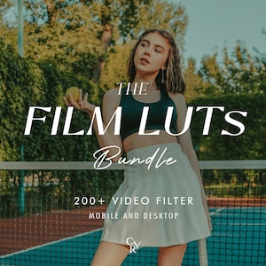 May include: A woman in a dark green sports bra and white tennis skirt holds a tennis ball. The image features the text "THE FILM LUTS Bundle" with the tagline "200+ VIDEO FILTER MOBILE AND DESKTOP". The background includes a tennis court and lush greenery.