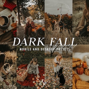Op de afbeelding: Een collage van afbeeldingen die een verzameling herfst-thema mobiele en desktop presets tonen. De afbeeldingen tonen verschillende scènes, waaronder een vrouw die op een bank zit, een vrouw die een hond uitlaat, een vrouw die een mand met appels vasthoudt en een kop koffie op een boek. De tekst "DARK FALL" en "MOBILE AND DESKTOP PRESETS" wordt in het midden van de collage weergegeven.