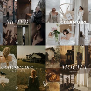 May include: A collage of images with a muted color palette, showcasing various scenes and aesthetics. The text "MUTED VIDEO FILTER", "CLEAN GIRL VIDEO FILTER", "cottagecore VIDEO FILTER", and "MOCHA VIDEO FILTER" are displayed across the images. The images feature people, interiors, and outdoor settings.