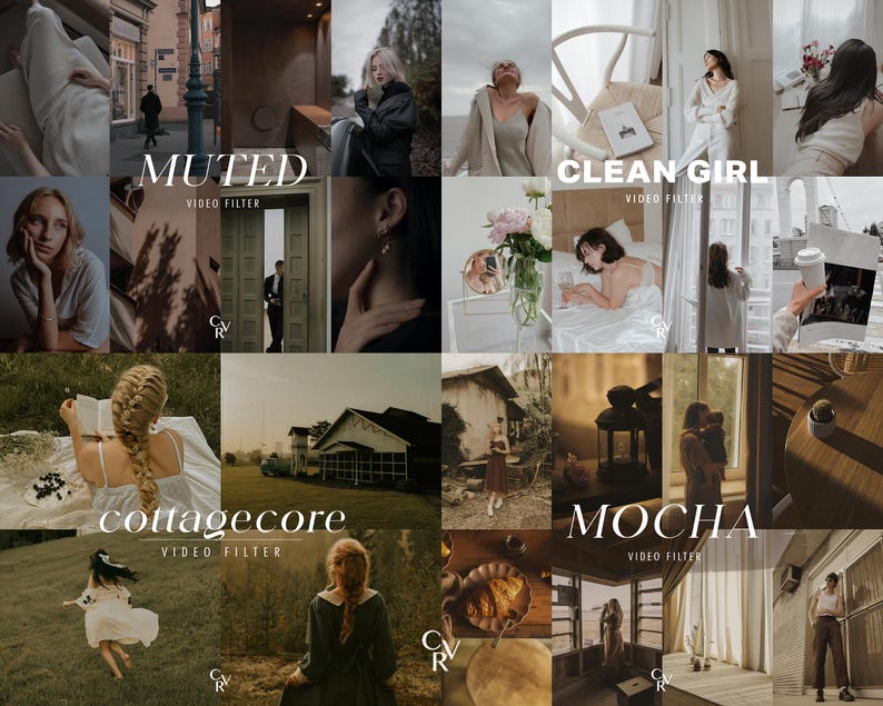 May include: A collage of images with a muted color palette, showcasing various scenes and aesthetics. The text "MUTED VIDEO FILTER", "CLEAN GIRL VIDEO FILTER", "cottagecore VIDEO FILTER", and "MOCHA VIDEO FILTER" are displayed across the images. The images feature people, interiors, and outdoor settings.
