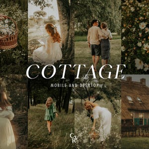 20 ajustes preestablecidos de Lightroom para escritorio y móvil. Filtros: cabaña, granja, retrato, cálido, estético, rústico, exterior y bosque.