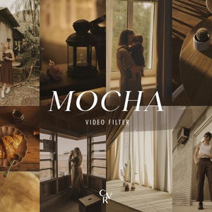 May include: A collage of images with a warm, sepia-toned aesthetic. The word "MOCHA" is prominently displayed. Scenes include a person in a dress, a lantern, a person holding a baby, a table with a cactus, and a person standing outside.
