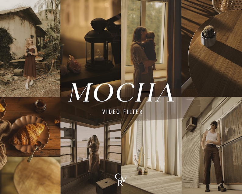 May include: A collage of images with a warm, sepia-toned aesthetic. The word "MOCHA" is prominently displayed. Scenes include a person in a dress, a lantern, a person holding a baby, a table with a cactus, and a person standing outside.