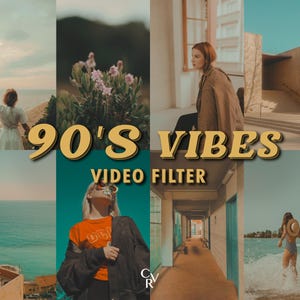 May include: A collage of images with a vintage aesthetic, featuring a woman on a beach, a person in a building, and other lifestyle scenes. The text "90'S VIBES VIDEO FILTER" is overlaid in a retro font, suggesting a filter for photos or videos.
