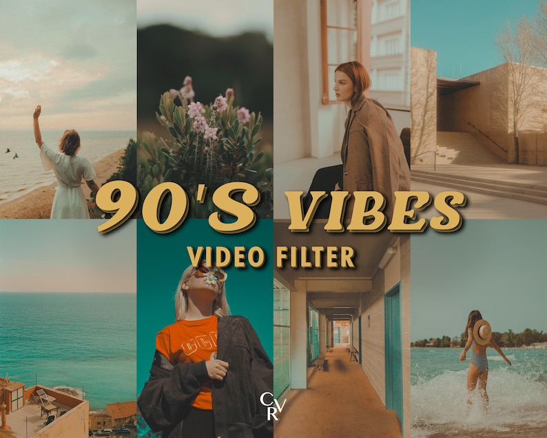 May include: A collage of images with a vintage aesthetic, featuring a woman on a beach, a person in a building, and other lifestyle scenes. The text "90'S VIBES VIDEO FILTER" is overlaid in a retro font, suggesting a filter for photos or videos.