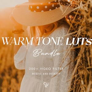 May include: A woman wearing a white dress and a straw hat with a polka dot band, standing in front of a golden-hued background. The text "WARM TONE LUTS Bundle" is overlaid on the image, along with details about video filters.