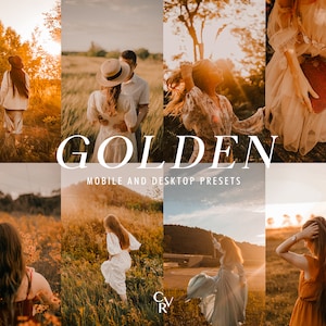 Puede incluir: Una colección de ajustes preestablecidos digitales para la edición móvil y de escritorio. Los ajustes preestablecidos están diseñados para dar a las fotos un tono cálido y dorado. La imagen muestra varios ejemplos de cómo se pueden usar los ajustes preestablecidos para mejorar las fotos.