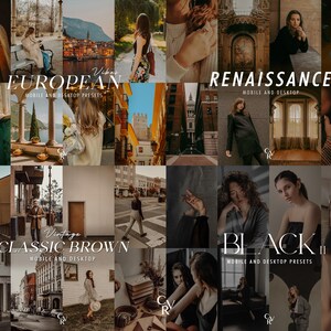 May include: A collage of images showcasing different photo filter presets for mobile and desktop. The presets are named "European Vibes", "Renaissance", "Classic Brown", and "Black".