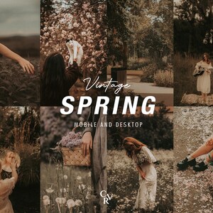 Peut inclure: Un collage d'images sur le thème du printemps vintage. Le texte central indique "Vintage Spring" avec "Mobile et Bureau" en dessous. Les images présentent des personnes dans la nature, un chat, des fleurs et un miroir, le tout dans une palette de couleurs douces et sourdes.