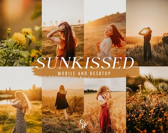 Puede incluir: Un collage de imágenes con personas en un campo con una puesta de sol dorada. El texto "SUNKISSED" y "MOBILE AND DESKTOP" se muestra en la imagen.