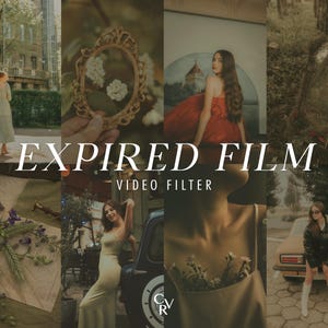 May include: A collage-style image with a vintage aesthetic, featuring various scenes and subjects. The text "EXPIRED FILM VIDEO FILTER" is prominently displayed. The scenes include a woman in a red dress, a woman in a dress, and a vintage car.