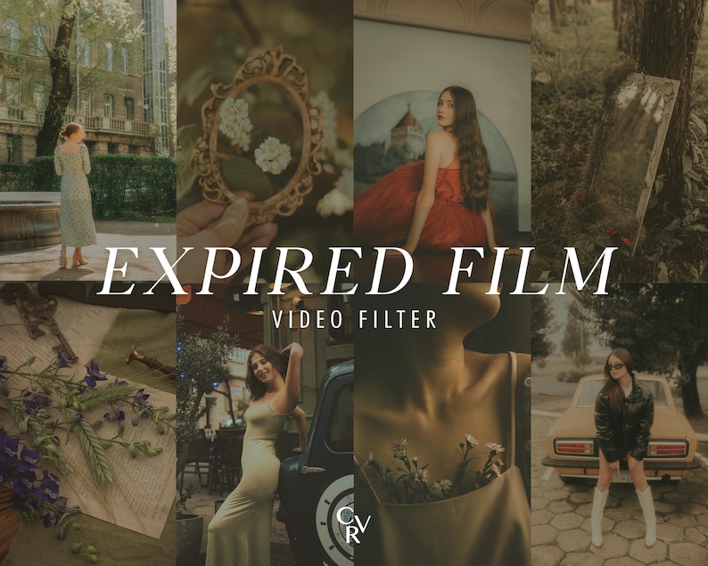 May include: A collage-style image with a vintage aesthetic, featuring various scenes and subjects. The text "EXPIRED FILM VIDEO FILTER" is prominently displayed. The scenes include a woman in a red dress, a woman in a dress, and a vintage car.