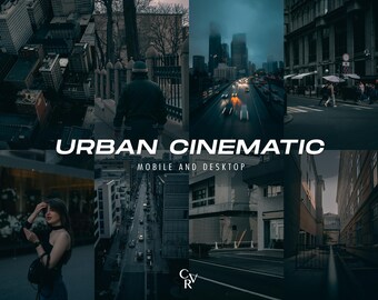 May include: A collage of urban scenes in shades of gray and blue, featuring cityscapes, streets, and people. The text "URBAN CINEMATIC" is displayed in white, along with "MOBILE AND DESKTOP". The images evoke a moody, cinematic feel.