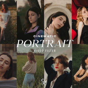 K&ouml;nnte beinhalten: Eine Collage aus Bildern, die Frauen in verschiedenen Posen und Umgebungen zeigen. Die Bilder sind in einem Raster angeordnet und haben ein Vintage- und Film-Feeling. Der Text "CINEMATIC PORTRAIT VIDEO FILTER" wird in der Mitte der Collage angezeigt.