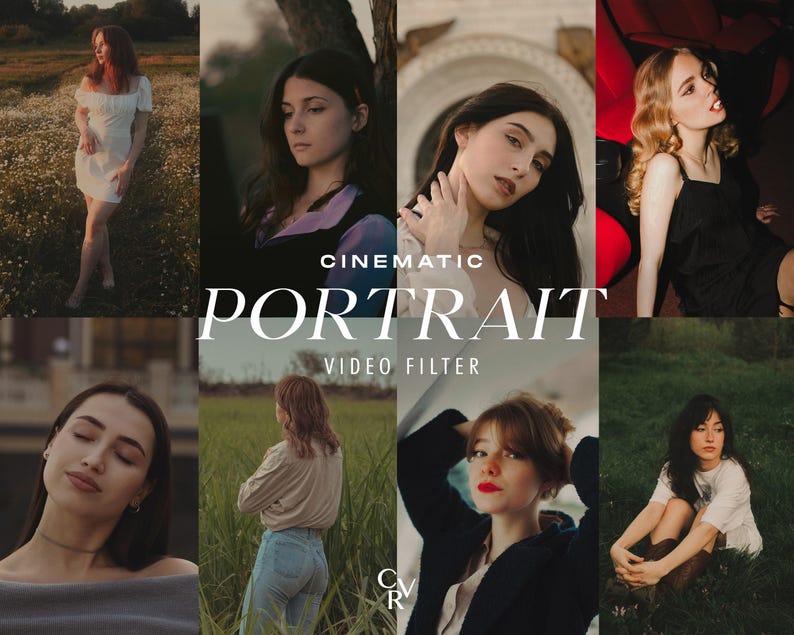 K&ouml;nnte beinhalten: Eine Collage aus Bildern, die Frauen in verschiedenen Posen und Umgebungen zeigen. Die Bilder sind in einem Raster angeordnet und haben ein Vintage- und Film-Feeling. Der Text "CINEMATIC PORTRAIT VIDEO FILTER" wird in der Mitte der Collage angezeigt.