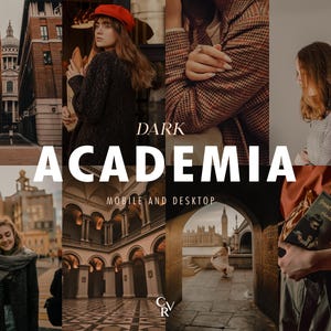 May include: A collage of images with a dark academia theme. The images feature a person wearing a red hat and a brown coat, a person wearing a brown coat, a person wearing a gray sweater, a person wearing a scarf, a building with arches, a building with a clock tower, and a person holding a book.