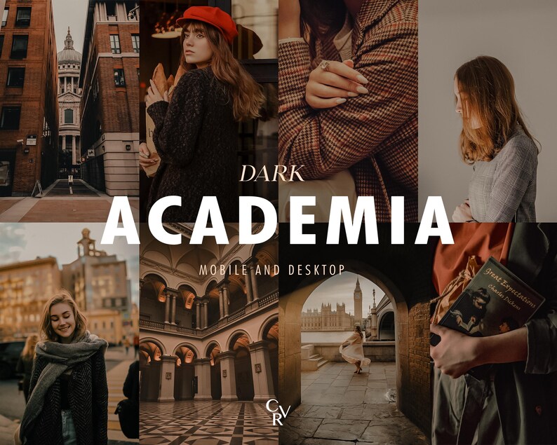 May include: A collage of images with a dark academia theme. The images feature a person wearing a red hat and a brown coat, a person wearing a brown coat, a person wearing a gray sweater, a person wearing a scarf, a building with arches, a building with a clock tower, and a person holding a book.