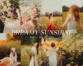 May include: A collage of images featuring women in nature, bathed in warm sunlight. The images include women in white dresses and floral accents, with the text "Dreamy Sunshine" and "Mobile and Desktop".