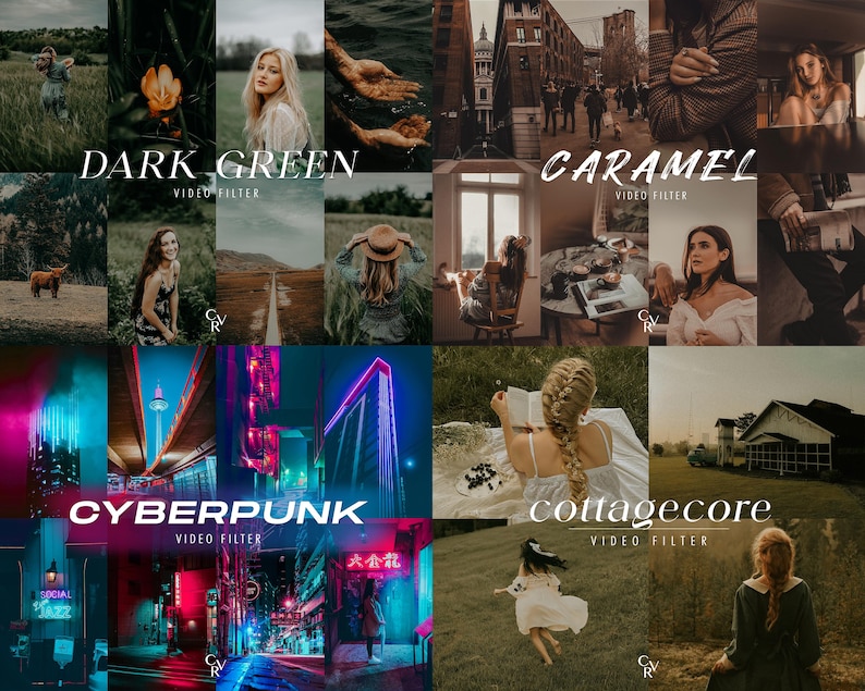 K&ouml;nnte beinhalten: Eine Collage aus zehn verschiedenen Video-Filter-Presets. Die Presets sind mit "Dark Green", "Caramel", "Cyberpunk" und "Cottagecore" beschriftet. Jedes Preset zeigt einen anderen Stil der Bildbearbeitung.