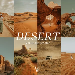Op de afbeelding: Een collage van woestijnlandschapsfoto's. Het woord "DESERT" wordt in grote witte letters weergegeven. De woorden "MOBILE AND DESKTOP" staan eronder. De foto's tonen zandduinen, rotsformaties en mensen.