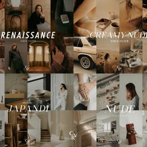 May include: A collage of images with a warm, neutral color palette. The text "RENAISSANCE", "CREAMY NUDE", "JAPANDI", and "NUDE" are displayed. The images showcase various aesthetic themes, including interior design, fashion, and lifestyle.