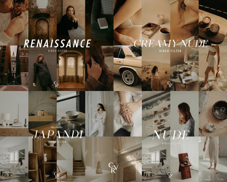 May include: A collage of images with a warm, neutral color palette. The text "RENAISSANCE", "CREAMY NUDE", "JAPANDI", and "NUDE" are displayed. The images showcase various aesthetic themes, including interior design, fashion, and lifestyle.