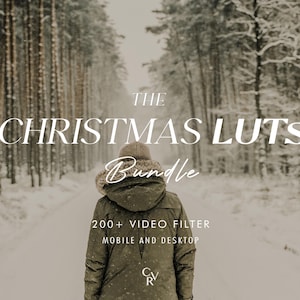 Könnte beinhalten: Eine Person in einem grünen Parka und einer Strickmütze geht einen schneebedeckten Weg in einem Wald entlang. Der Text auf dem Bild lautet "The Christmas Luts Bundle" mit den Worten "200+ Video Filter Mobile and Desktop".