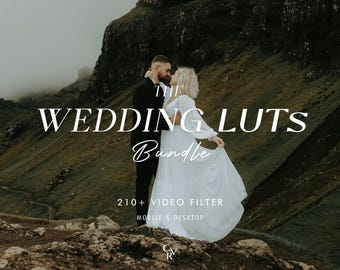 May include: A couple poses for a wedding photo in front of a rocky cliff. The text "THE WEDDING LUTs Bundle" is superimposed on the image. The text "210+ VIDEO FILTER MOBILE & DESKTOP" is also included in the image.
