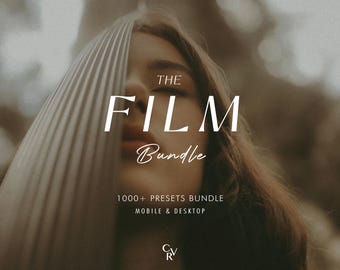 May include: A digital product advertisement titled THE FILM Bundle, featuring the text 1000+ PRESETS BUNDLE MOBILE & DESKTOP and a CRV logo. The image displays a soft-focus, warm-toned photograph of a person partially obscured by a large leaf.