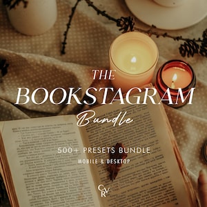 May include: A book with a warm, inviting aesthetic, open to a page of text. The book is surrounded by candles, a small jar of essential oil, and a piece of fabric with a polka dot pattern. The text on the image reads "The Bookstagram Bundle 500+ Presets Bundle Mobile & Desktop".