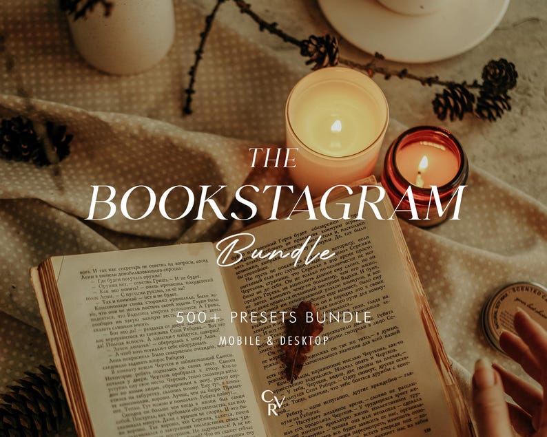 May include: A book with a warm, inviting aesthetic, open to a page of text. The book is surrounded by candles, a small jar of essential oil, and a piece of fabric with a polka dot pattern. The text on the image reads "The Bookstagram Bundle 500+ Presets Bundle Mobile & Desktop".