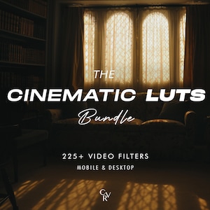 May include: The Cinematic LUTs Bundle text overlayed on a photo of a living room with a couch, a bookshelf, and a window with sunlight streaming through the curtains.