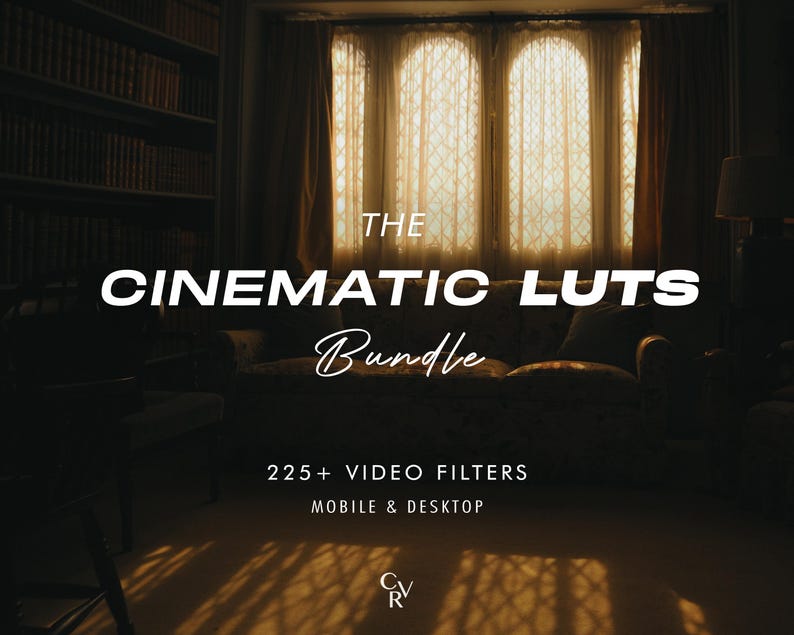 K&ouml;nnte beinhalten: Der Text The Cinematic LUTs Bundle &uuml;berlagert ein Foto eines Wohnzimmers mit einem Sofa, einem B&uuml;cherregal und einem Fenster, durch dessen Vorh&auml;nge Sonnenlicht scheint.