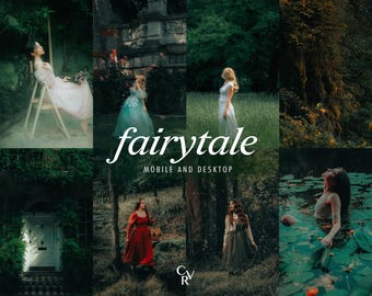 May include: A collage of images with a fairytale theme. The word "fairytale" is written in a cursive font. The images feature women in dresses in outdoor settings, including a woman sitting on a ladder, and another in a pond.