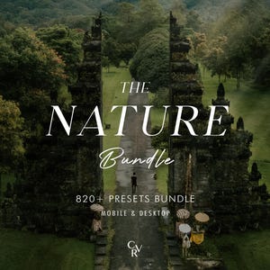 May include: A digital product advertisement titled THE NATURE Bundle 820+ PRESETS BUNDLE MOBILE & DESKTOP featuring a central path leading through two tall, dark, weathered stone temple gates surrounded by lush green trees and grass.