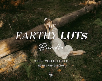 May include: An image featuring the text "THE EARTHY LUTS Bundle" with a person in a white dress, lying on a mossy forest floor next to a fallen tree. The text "200+ VIDEO FILTER MOBILE AND DESKTOP" is also visible.
