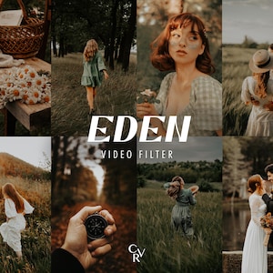 K&ouml;nnte beinhalten: Eine Collage von Bildern, die einen Videofilter namens "EDEN" zeigen. Die Bilder zeigen verschiedene Szenen, darunter eine Frau in einem gr&uuml;nen Kleid, die durch einen Wald geht, eine Frau in einem karierten Hemd, die eine Blume h&auml;lt, ein Paar, das auf einem Feld steht, und ein Paar, das an einem See steht.