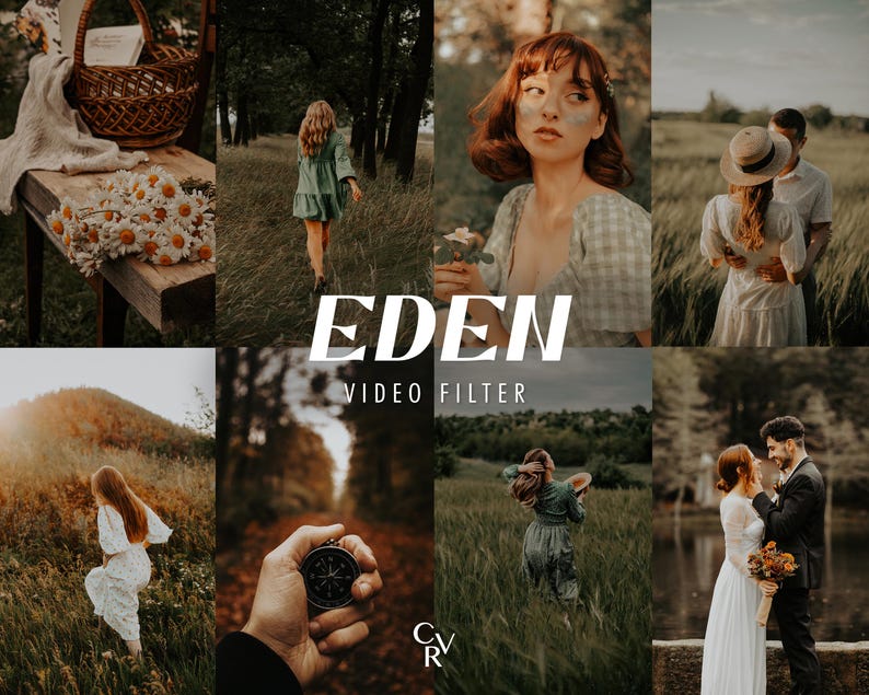 K&ouml;nnte beinhalten: Eine Collage von Bildern, die einen Videofilter namens "EDEN" zeigen. Die Bilder zeigen verschiedene Szenen, darunter eine Frau in einem gr&uuml;nen Kleid, die durch einen Wald geht, eine Frau in einem karierten Hemd, die eine Blume h&auml;lt, ein Paar, das auf einem Feld steht, und ein Paar, das an einem See steht.
