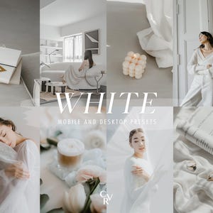 15 vita Lightroom-förinställningar. Dator och mobil. 15 olika förinställningar. Minimalistisk, ren, klar, ljus och luftig, minimalistisk inomhusfotografering.
