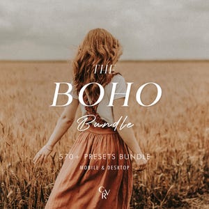 May include: A woman in a field of wheat, wearing a long, rust-colored skirt and a white shirt. The text "The Boho Bundle 570+ Presets Bundle Mobile & Desktop" is displayed on the image.