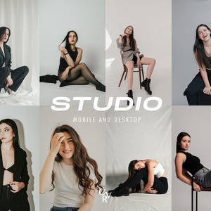 May include: A collection of eight photographic portraits featuring various poses in studio settings. The images display individuals in black blazers, black tank tops, white t-shirts, and casual trousers. The text STUDIO MOBILE AND DESKTOP is centered.