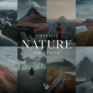 K&ouml;nnte beinhalten: Eine Collage von filmischen Natur-Videofiltern. Die Filter zeigen eine Vielzahl von Landschaften, darunter Berge, W&auml;lder und Str&auml;nde. Der Text "CINEMATIC NATURE VIDEO FILTER" wird in der Mitte des Bildes angezeigt.