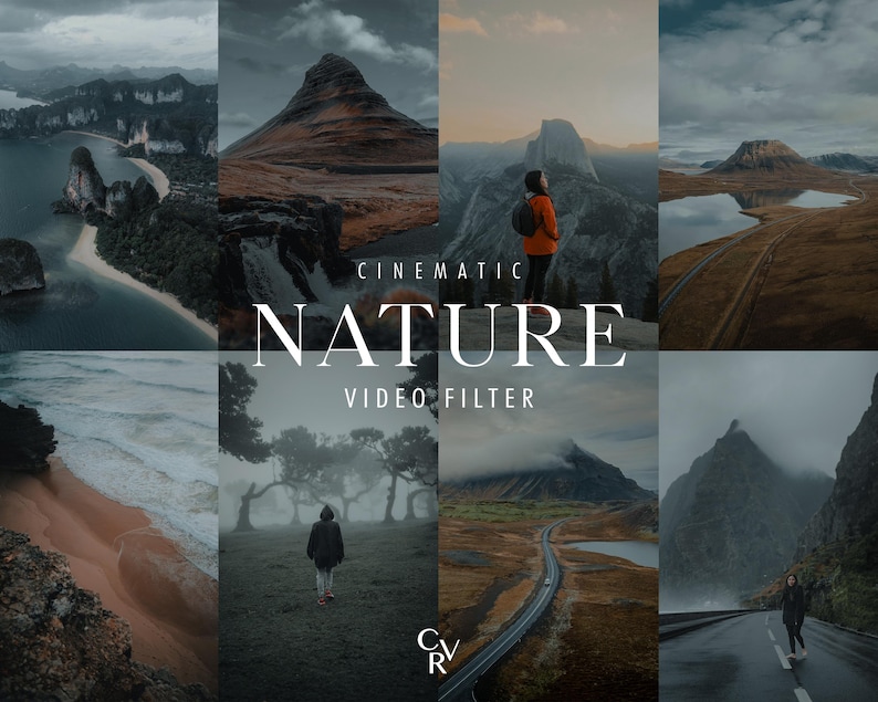 K&ouml;nnte beinhalten: Eine Collage von filmischen Natur-Videofiltern. Die Filter zeigen eine Vielzahl von Landschaften, darunter Berge, W&auml;lder und Str&auml;nde. Der Text "CINEMATIC NATURE VIDEO FILTER" wird in der Mitte des Bildes angezeigt.