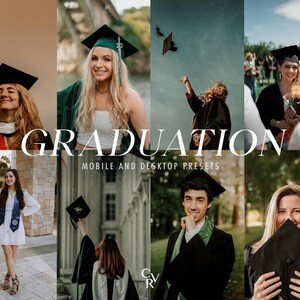 May include: A collage of photos featuring graduates wearing caps and gowns. The photos are arranged in a grid pattern and feature a variety of poses and settings. The text "GRADUATION" is displayed in large, white letters across the center of the image. The text "MOBILE AND DESKTOP PRESETS" is displayed in smaller, white letters below the word "GRADUATION".