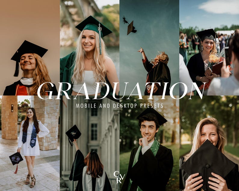 May include: A collage of photos featuring graduates wearing caps and gowns. The photos are arranged in a grid pattern and feature a variety of poses and settings. The text "GRADUATION" is displayed in large, white letters across the center of the image. The text "MOBILE AND DESKTOP PRESETS" is displayed in smaller, white letters below the word "GRADUATION".