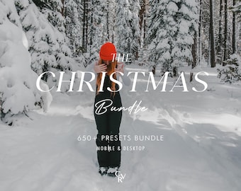 May include: A person in a snowy forest wearing a red beanie and black overalls. The text "THE CHRISTMAS Bundle" is displayed in white, along with "650+ PRESETS BUNDLE MOBILE & DESKTOP". The image has a winter theme.