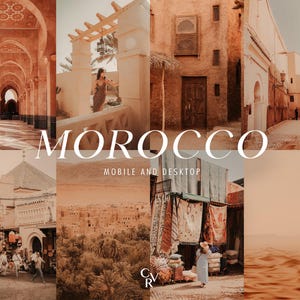 Könnte beinhalten: Eine Collage von Bildern mit marokkanischer Architektur und Landschaften. Das Wort "MOROCCO" ist in großem weißen Text dargestellt. Der Satz "MOBILE AND DESKTOP" ist ebenfalls sichtbar. Die Bilder zeigen Gebäude, Straßen und Wüstenlandschaften.