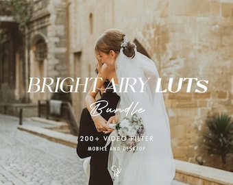 May include: A bride in a white wedding dress and veil embraces another person in a black suit. The image has the text "BRIGHT AIRY LUTS Bundle" and "200+ VIDEO FILTER MOBILE AND DESKTOP". The background is a stone building.