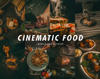 May include: A collection of images showcasing various food items, including pizza, sandwiches, seafood, and meat. The images are styled with a cinematic aesthetic, featuring dramatic lighting and close-up shots. The text "Cinematic Food" and "Mobile and Desktop" is displayed on the image.